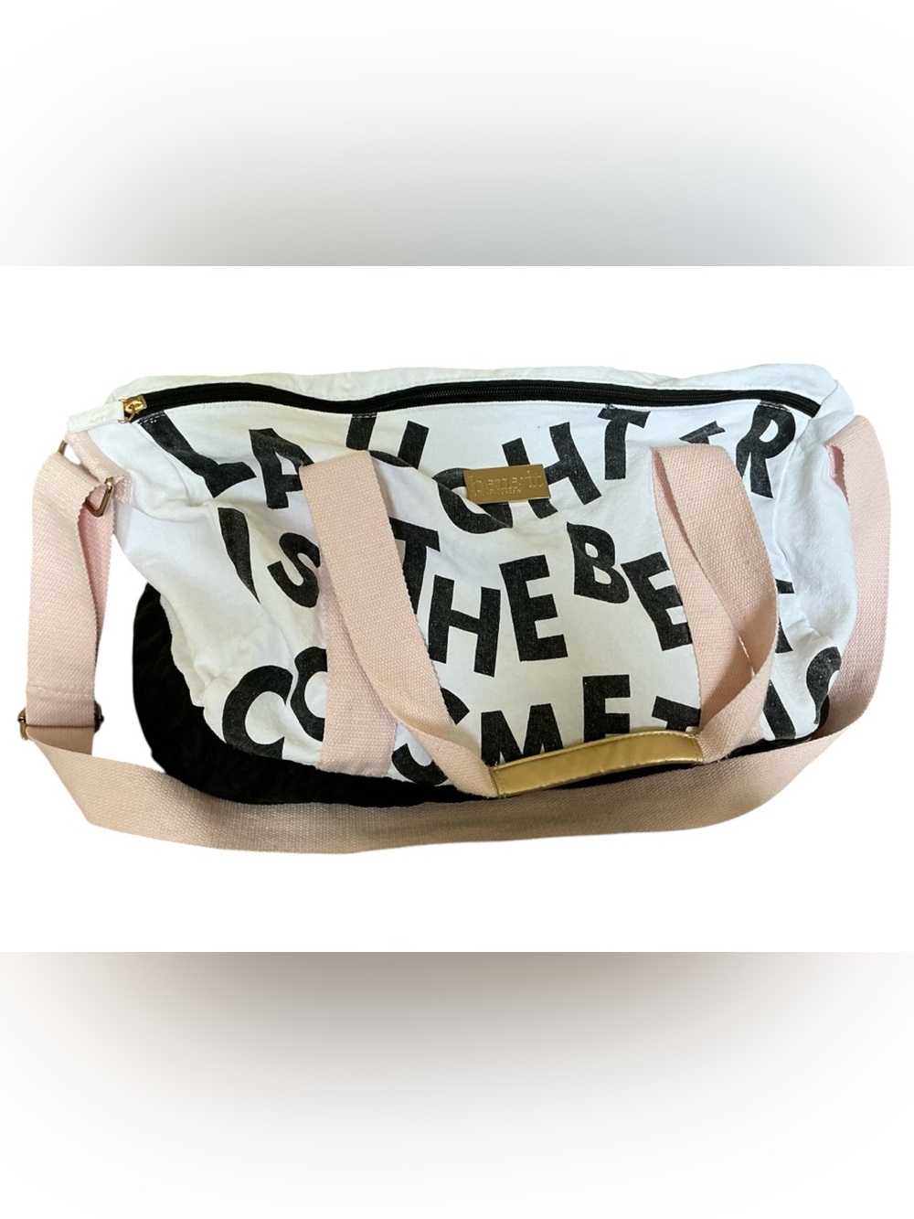 Benefit White Canvas Travel Bag with Pink Straps